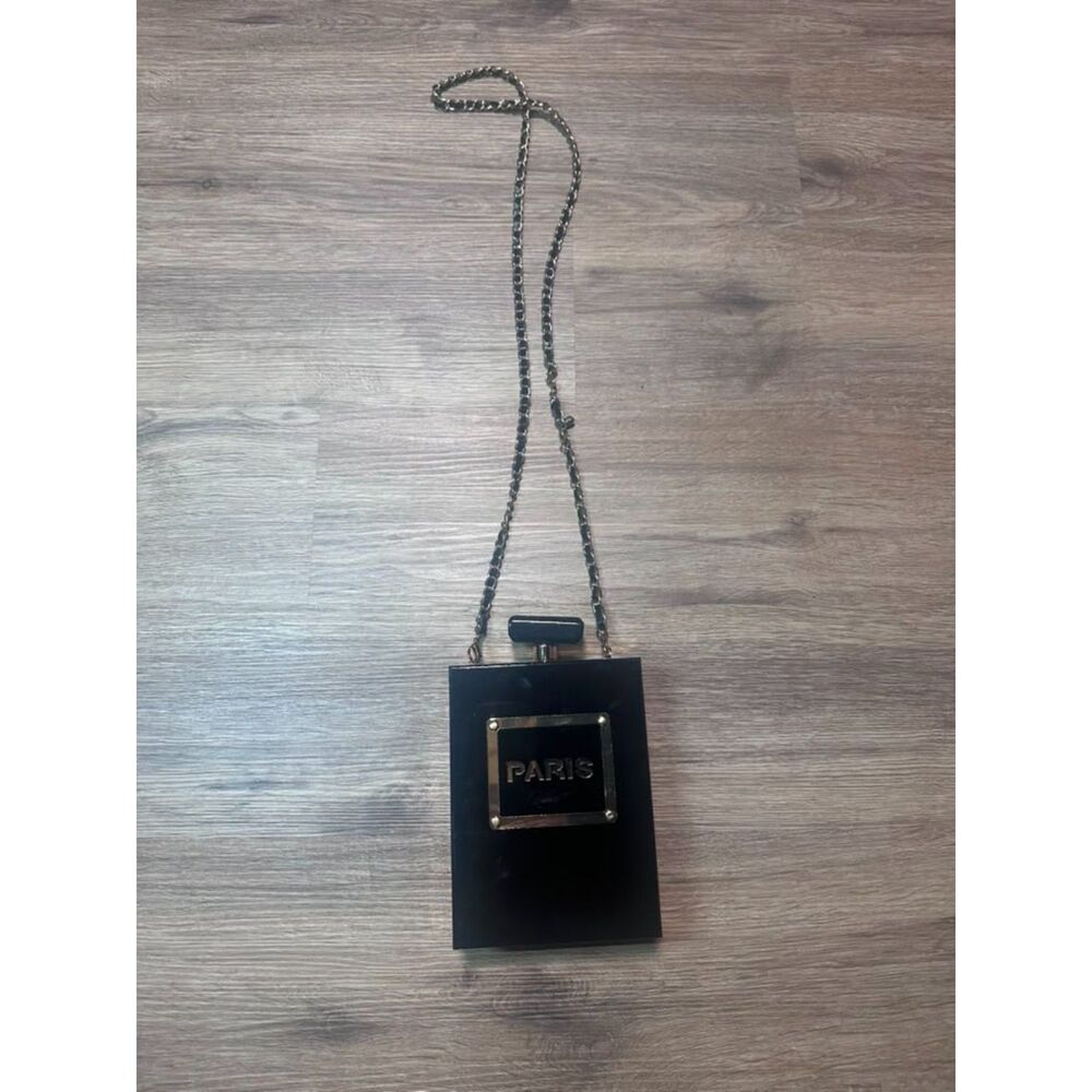 Black Paris Perfume Bottle Style Crossbody Clutch Purse Chain Strap Evening Bag